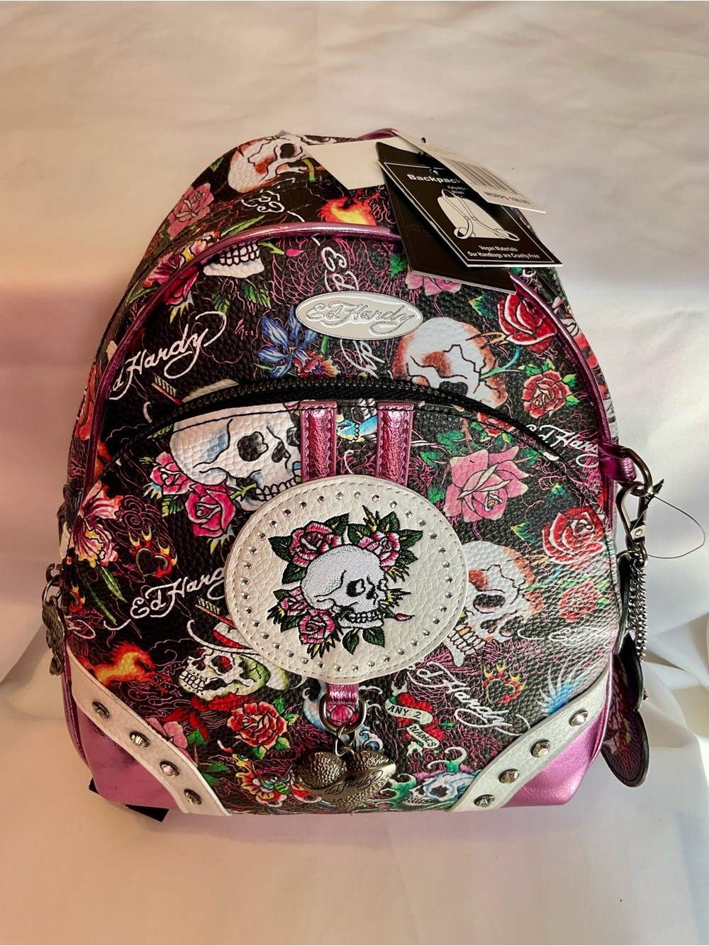 Ed Hardy Rhinestone Gothic Shiny Skull Roses Floral Charms Mini Backpack